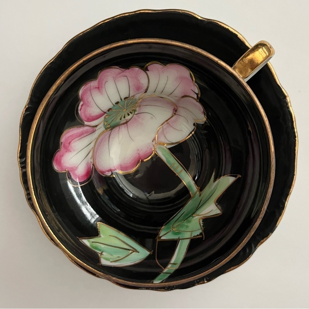 Vintage Nasco 3 Footed Lusterware Pink Flower on Black Tea cup and saucer